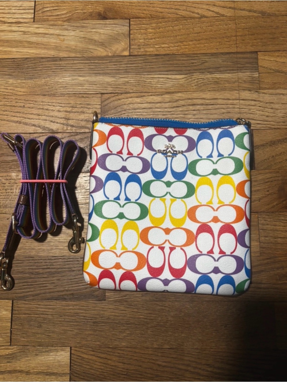 Coach Rainbow Signature Crossbody Pouch - White with Multi Colors